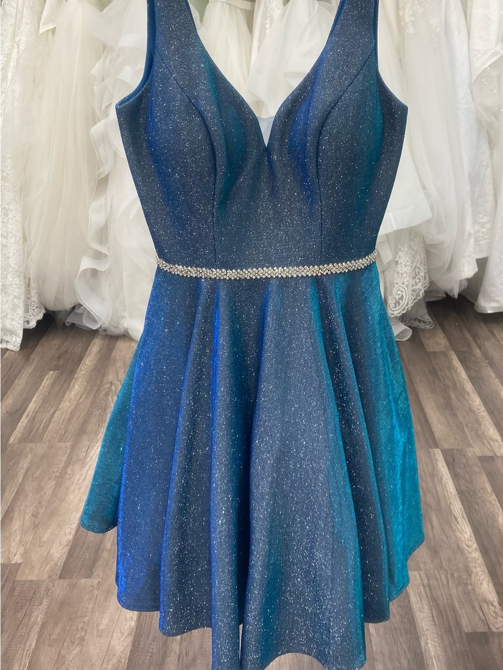 Sparkling Blue-Aqua Fit & Flare Party Dress with Rhinestone Belt